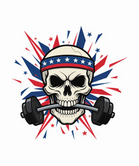 Fototapeta premium Skull with barbell and patriotic headband symbolizing strength and determination in fitness and gym concept perfect for motivational themes