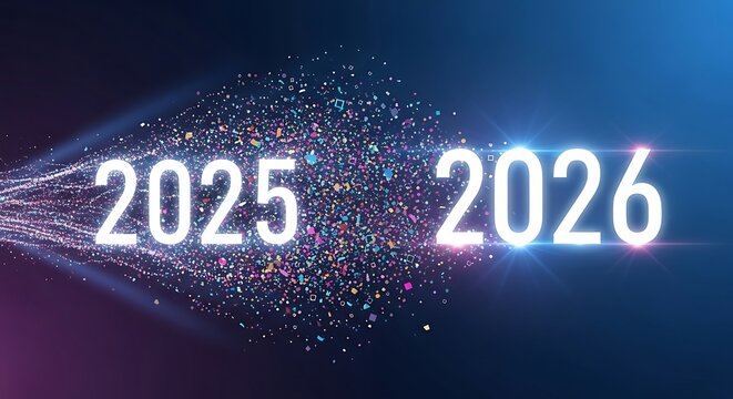 Futuristic New Year Transition Luminous 2026 Emerges from a 2025 Particle Stream. - Powered by Adobe