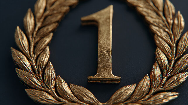 A close-up shot of a golden laurel wreath with the number 1 in the center, representing first place and achievement. The gold color of the wreath and the number adds a sense of luxury and celebration