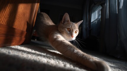 Orange tabby cat stretching on the carpet in a sunlit room reaching towards light