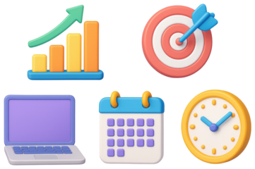 Business icons including graph target laptop calendar and clock isolated on a transparent background
