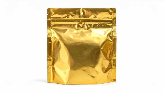 Metallic gold stand-up pouch with resealable zipper on light gray background