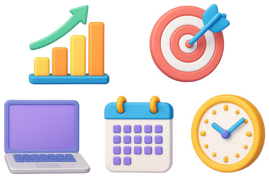 Business icons including graph target laptop calendar and clock isolated on a transparent background