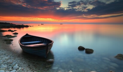 Old wooden boat on shore of serene beach with sunset colors reflecting on calm sea water and small rocky beach covered in pebbles.