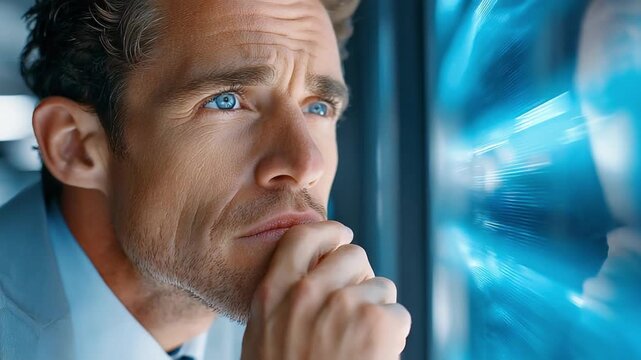 Intense Reflection: A man with thoughtful eyes contemplates complex ideas, his face etched with concentration as he navigates intricate concepts in a digital realm.