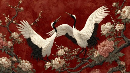 Obraz premium Elegant crane illustration with blossoming peonies on a red textured background