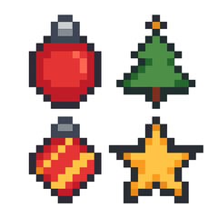 Obraz premium Christmas vector icons set in pixel style. retro festive graphics and symbols