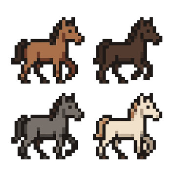 Horse vector icons set: pixel style, simple horse designs, 8 bit graphic symbols