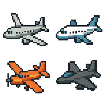Airplane vector icons set in pixel style. simple digital aircraft symbols