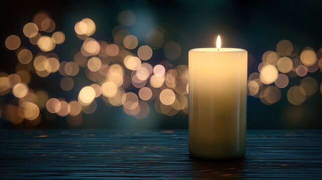 Focused candle surrounded by soft bokeh lights, warm tones and blurred background creating a calm, peaceful atmosphere that feels cozy and serene.