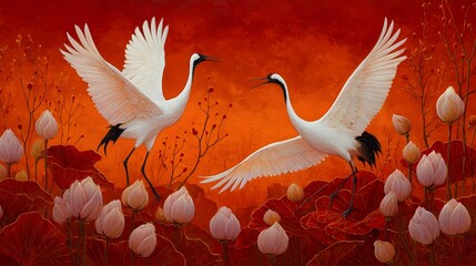 Naklejka premium Elegant Cranes in a Floral Garden Fine Art Illustration Decorative Theme