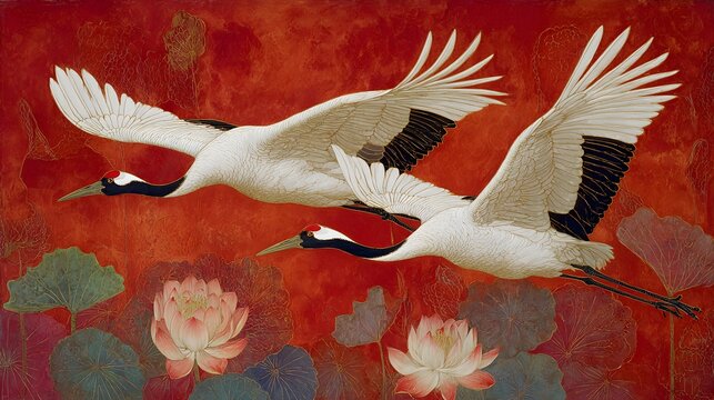 Elegant cranes in flight over lotus flowers in traditional Asian painting style