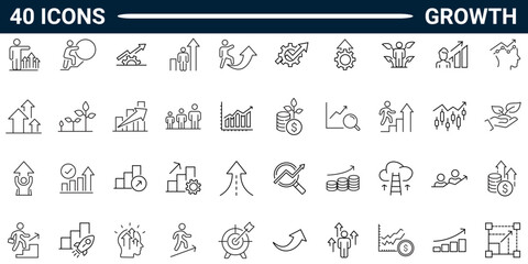 Growth line icon set. Includes professional, personal, financial growth, progress, career, arrows up, goal, development. Editable stroke. Vector illustration.