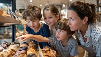 Sweet Choices: A mother and her three children, captivated by a bakery's tempting display of treats, share a moment of sweet anticipation and decision-making.