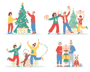 Happy families celebrating Christmas or New Year. Set of men and women with children and dogs, gift boxes and Christmas tree. Flat characters vector illustration isolated on white background.