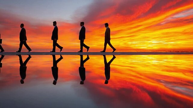 Silhouette Journey: A contemplative procession of figures walks towards a fiery sunset, symbolizing a shared path forward, their reflections mirroring the dynamic sky above.