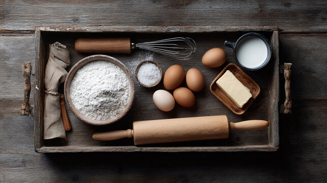 Rustic baking scene featuring essential ingredients like flour, eggs, milk, and butter, neatly arranged in a wooden tray. Evokes warmth, comfort, and culinary traditions.