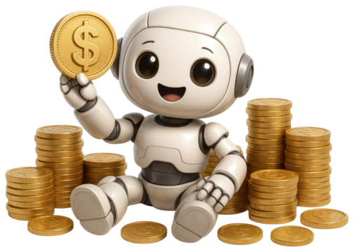 Cheerful cartoon robot sitting amongst stacks of gold coins, holding a dollar coin on a white background isolated on a transparent background