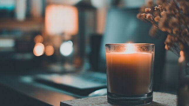 Focused candle surrounded by soft bokeh lights, warm tones and blurred background creating a calm, peaceful atmosphere that feels cozy and serene.