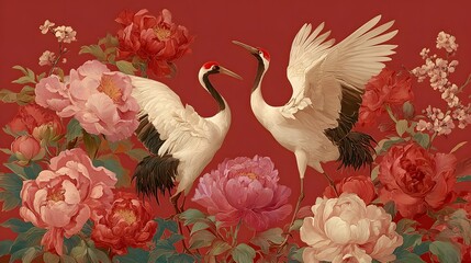 Fototapeta premium Elegant red crowned cranes among peonies in vintage Chinese painting style