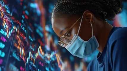 Analytical Acuity: A focused woman intently studies intricate financial data, safeguarding her well-being while navigating the complexities of the market. - Powered by Adobe