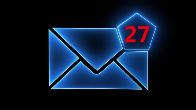 Glowing blue envelope icon with message counter and twenty seven unread mail sign