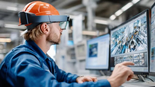 AR Technology at Work: An engineer in a hard hat intently analyzes the factory floor using cutting-edge AR technology, displayed across multiple monitors. 