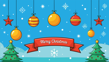 Merry Christmas and New Year greeting card background with winter snow, gold ornaments, decoration balls, and a festive illustration of a star and tree design