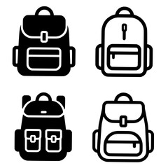 4 Icons illustration of backpack, black, transparent background
