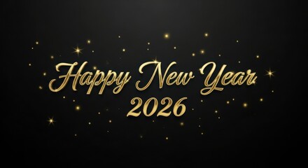 Happy new year 2026 golden script with elegant festive sparkles