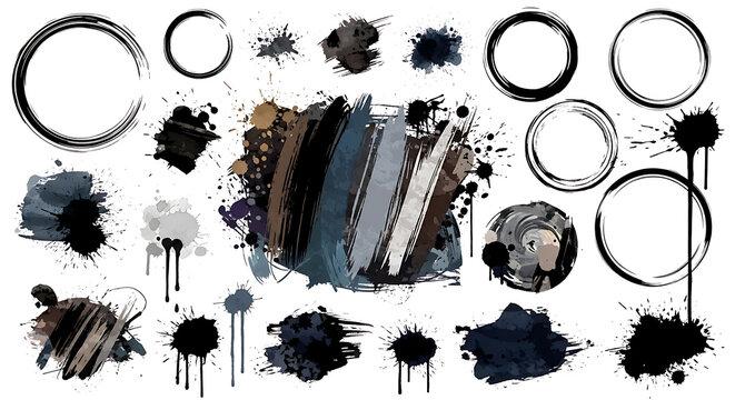 Collection of abstract grunge paint splatters brush strokes and circular frames - Powered by Adobe