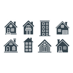 Collection of diverse house and building silhouettes in dark blue