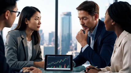 Multicultural business professionals strategize financial data and analyze market trends, leveraging charts for informed collaborative - Powered by Adobe