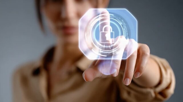 Digital security access: A focused view of a finger activating a digital lock symbol, symbolizing the power of safe access and protection