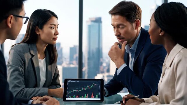 Multicultural business professionals strategize financial data and analyze market trends, leveraging charts for informed collaborative