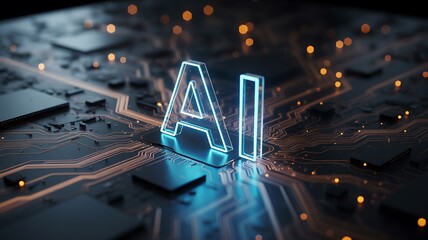 Glowing AI Text on Futuristic Circuit Board