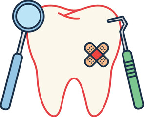 Dental Treatment Icon with Tooth, Mirror, and Probe for Oral Care and Dentistry Services
