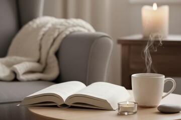 Cozy Living Room with Book and Candle