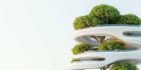 Obraz premium Futuristic organic building levels with abundant green trees and vegetation against a bright sky.