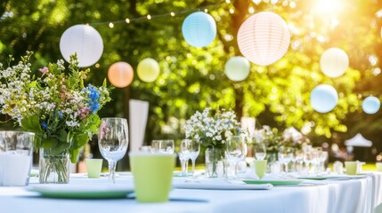 Outdoor Celebration Table Setting: A festive table setting adorns a verdant garden, artfully arranged with elegant tableware, delicate flowers, and vibrant paper lanterns.