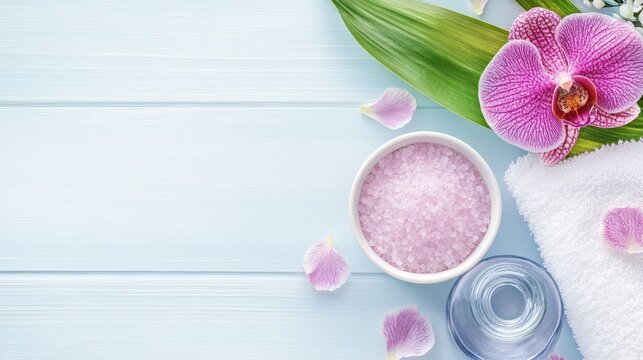 Serene Spa Still Life: A tranquil display of relaxation and wellness, featuring an elegant orchid, aromatic salt, and a soft, pristine towel, all arranged with gentle grace. - Powered by Adobe