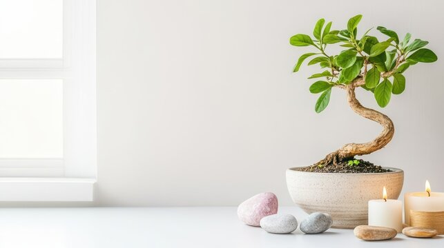Tranquil Bonsai: A serene bonsai tree takes center stage in this minimalist composition, complemented by gentle candlelight, fostering a sense of peace and tranquility.
