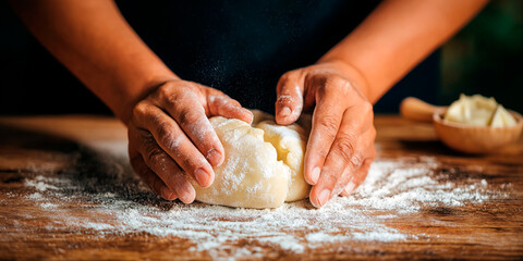 Hands kneading dough on a floured wooden surface in a rustic kitchen environment, showing a close-up of homemade baking preparation