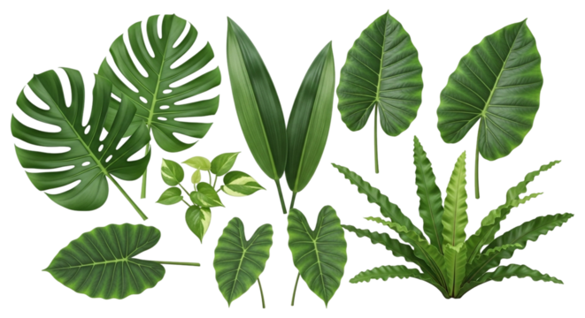 3d icon of collection of various tropical green leaves isolated on transparent background isolated on transparent background