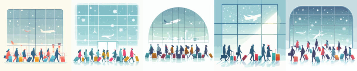 Travelers Carrying Luggage at Winter Airport. Vektor, design, minimalist, illustrations, set icon