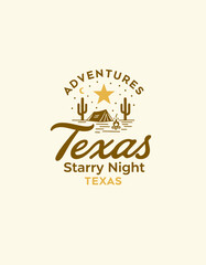 Fototapeta premium Texas starry-night campsite emblem—cacti frame a tent and fire under a crescent moon; simple vector linework with warm retro tones.