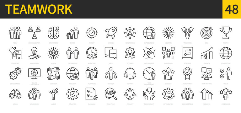 Teamwork icon set. Business team, mission, success, management, meeting, strategy, partnership, mutual help, growth, work group, progress, leader, goal, etc. Vector illustration. Editable stroke.