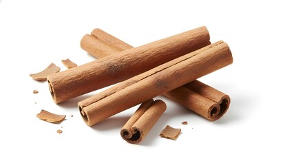 Cinnamon sticks and small pieces of bark are scattered on a white surface, creating a warm, aromatic composition.