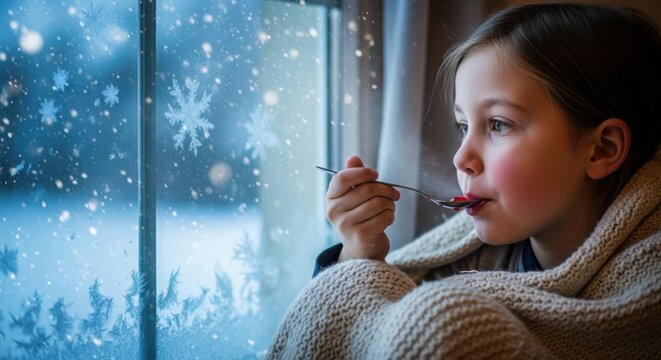 A child wrapped in a knitted blanket drinks cough syrup while watching the snow fall gently outside feeling unwell