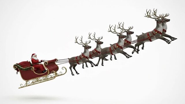 Santa Claus and his flying reindeer team pull the magical sleigh across a bright
